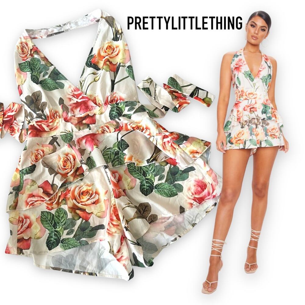 PLT Romper Nude Floral Print Halter 1-Pc Size 4 Jumpsuit Coquette Romantic NEW